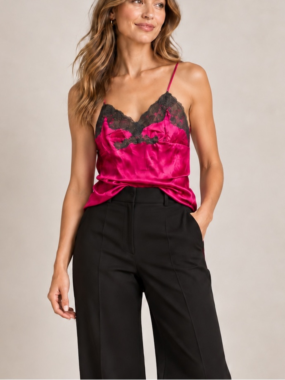 Gold Hawk NWT 100% Silk Cerise Pink Lace Tank Top S